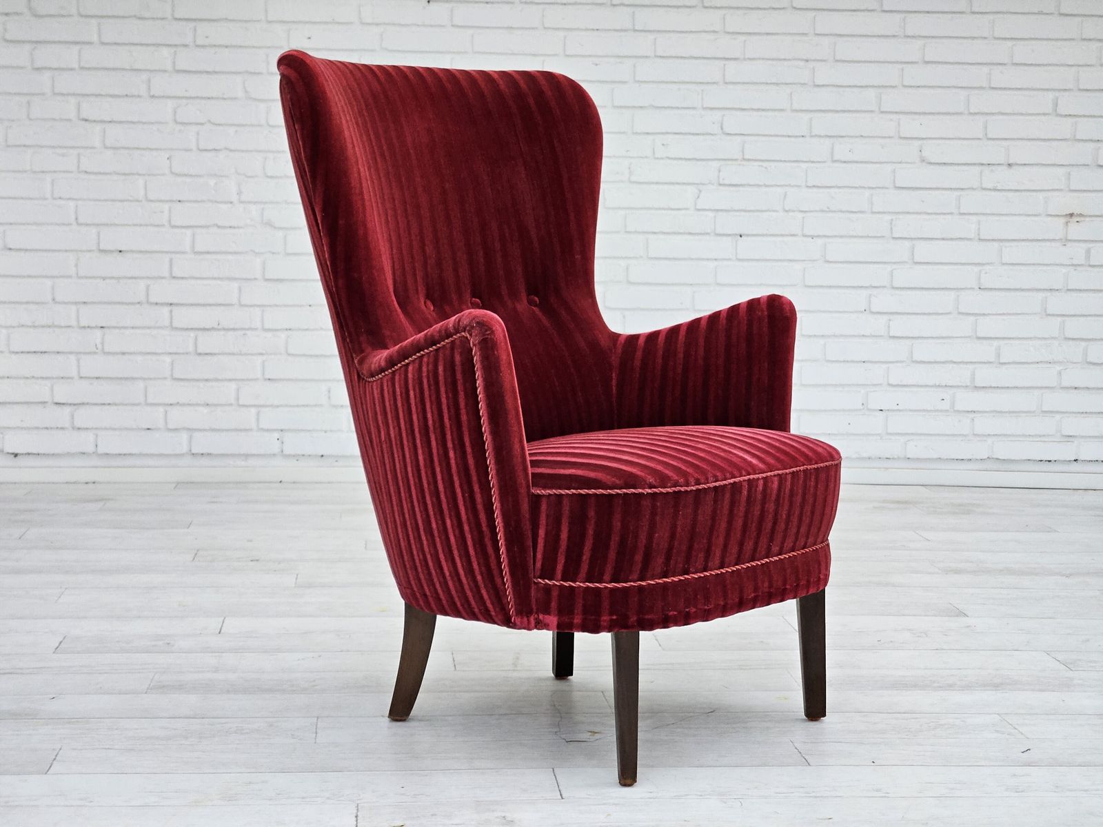 Ca. Jaren 1960, Deense Fauteuil In Kersrood Meubelvelours, Goede Staat. photo for sale