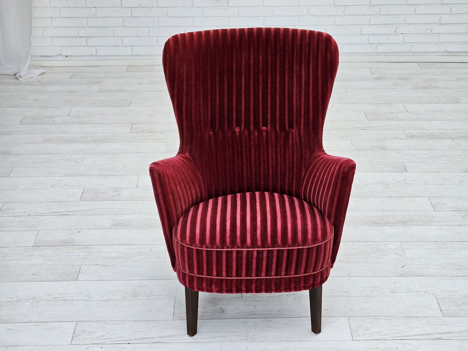 Ca. Jaren 1960, Deense Fauteuil In Kersrood Meubelvelours, Goede Staat. photo buy
