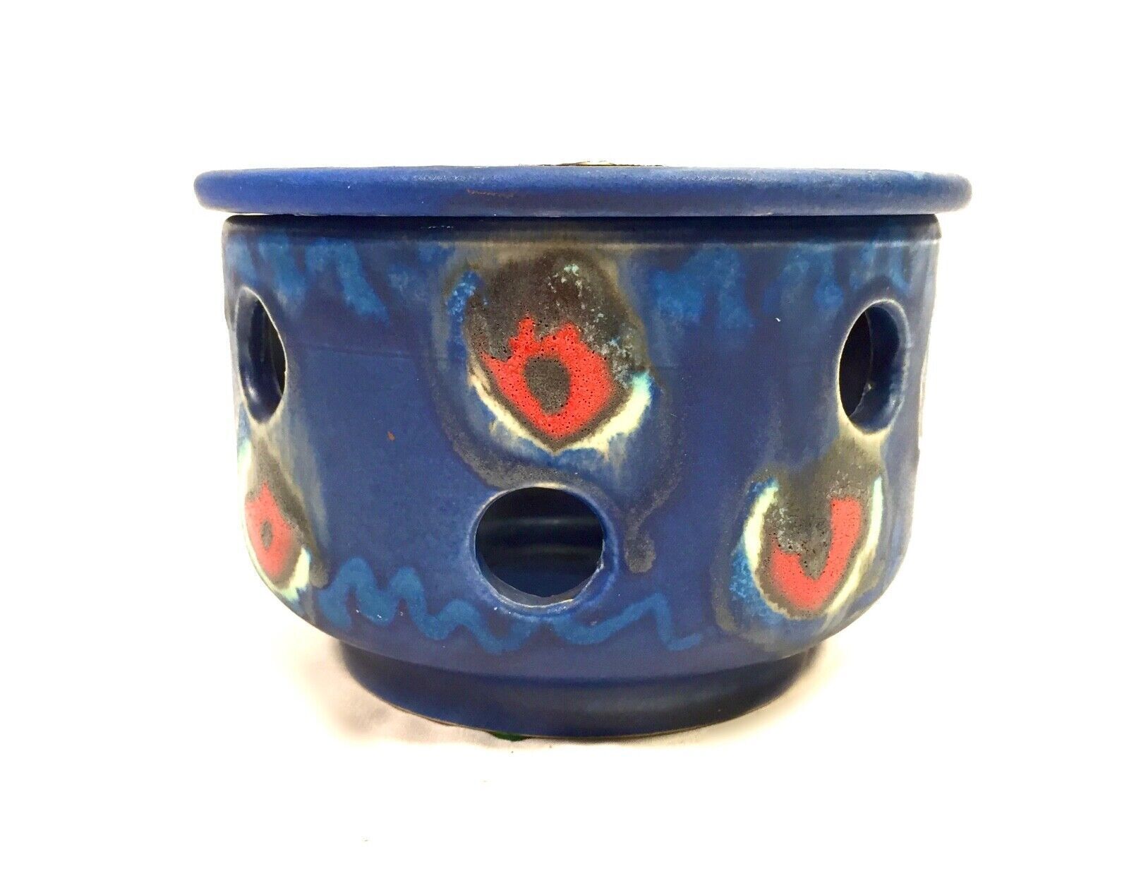 Vintage West German Pottery Potpourri Vase / Holder / Retro 1970s Blur & Red photo 69.0