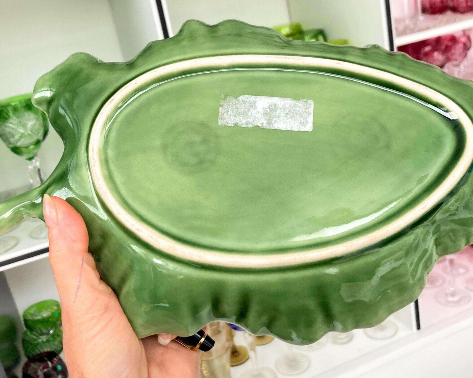 photo for sale Majolica Groen Geglazuurde Borden | Vintage Aardewerken Koolbladborden | 9 Stuks