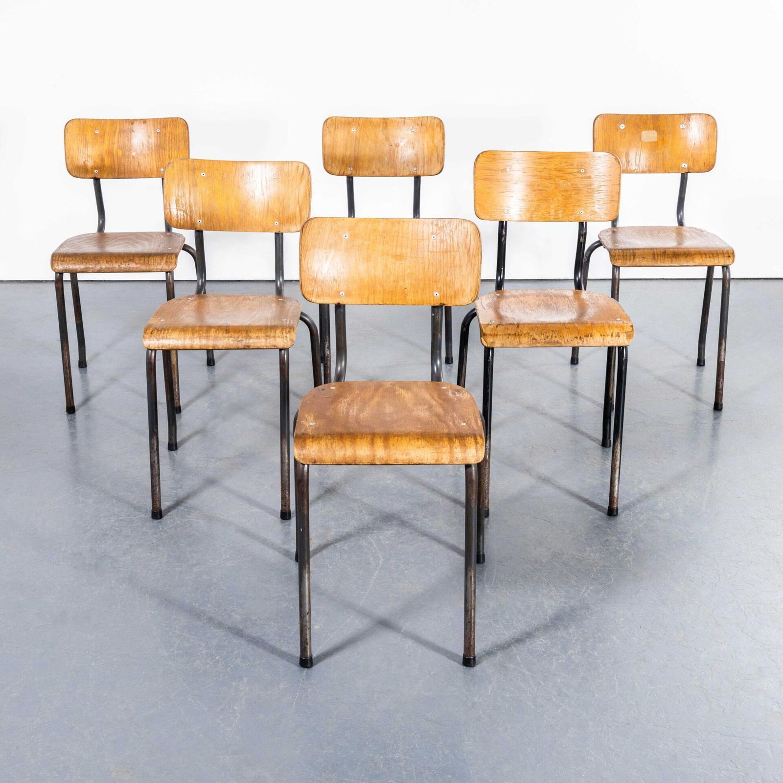 1960’s Original Battle Grey French Stacking University Dining Chairs – Good Quantity photo 72.6