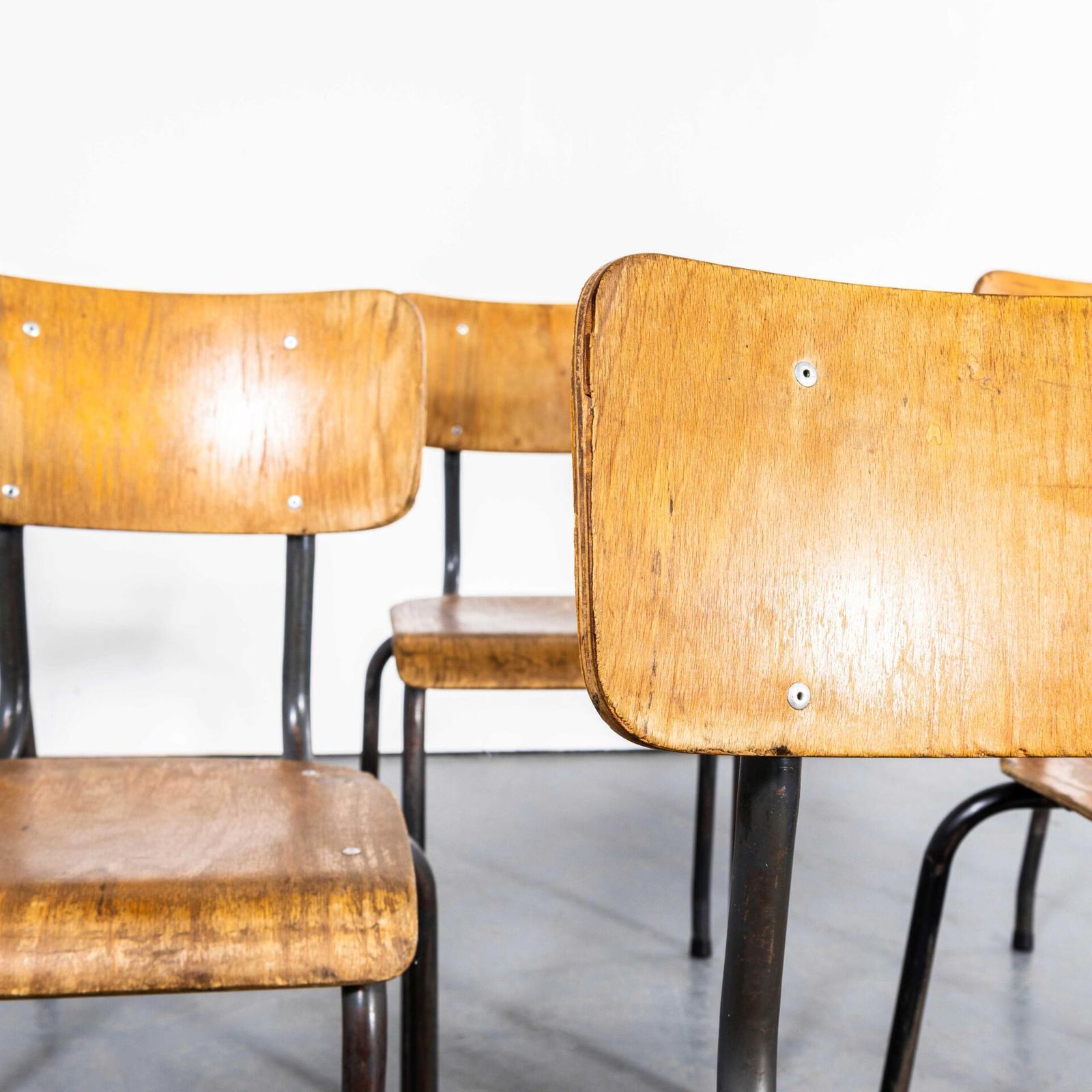 1960’s Original Battle Grey French Stacking University Dining Chairs – Good Quantity photo vinterior