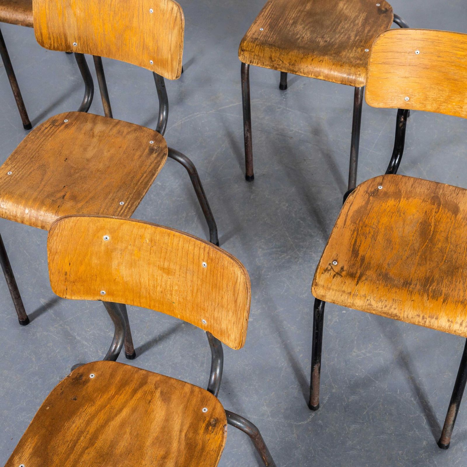 1960’s Original Battle Grey French Stacking University Dining Chairs – Good Quantity photo vintage