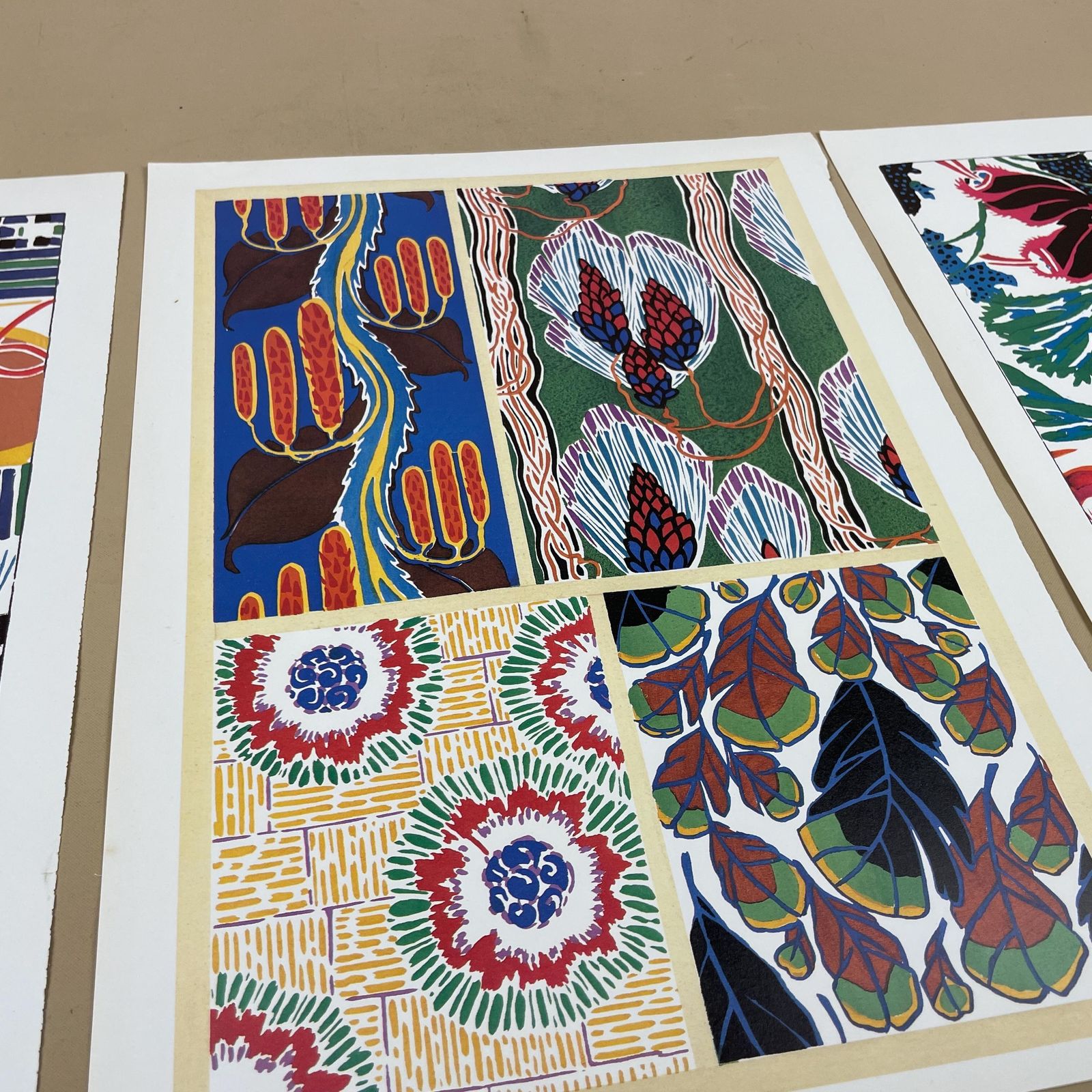 Trio Of Unframed Abstract Floral Designs Picture Book Prints 80's Textile Wall Art Decor Bright Colourful Red Yellow Blue Orange photo vinterior