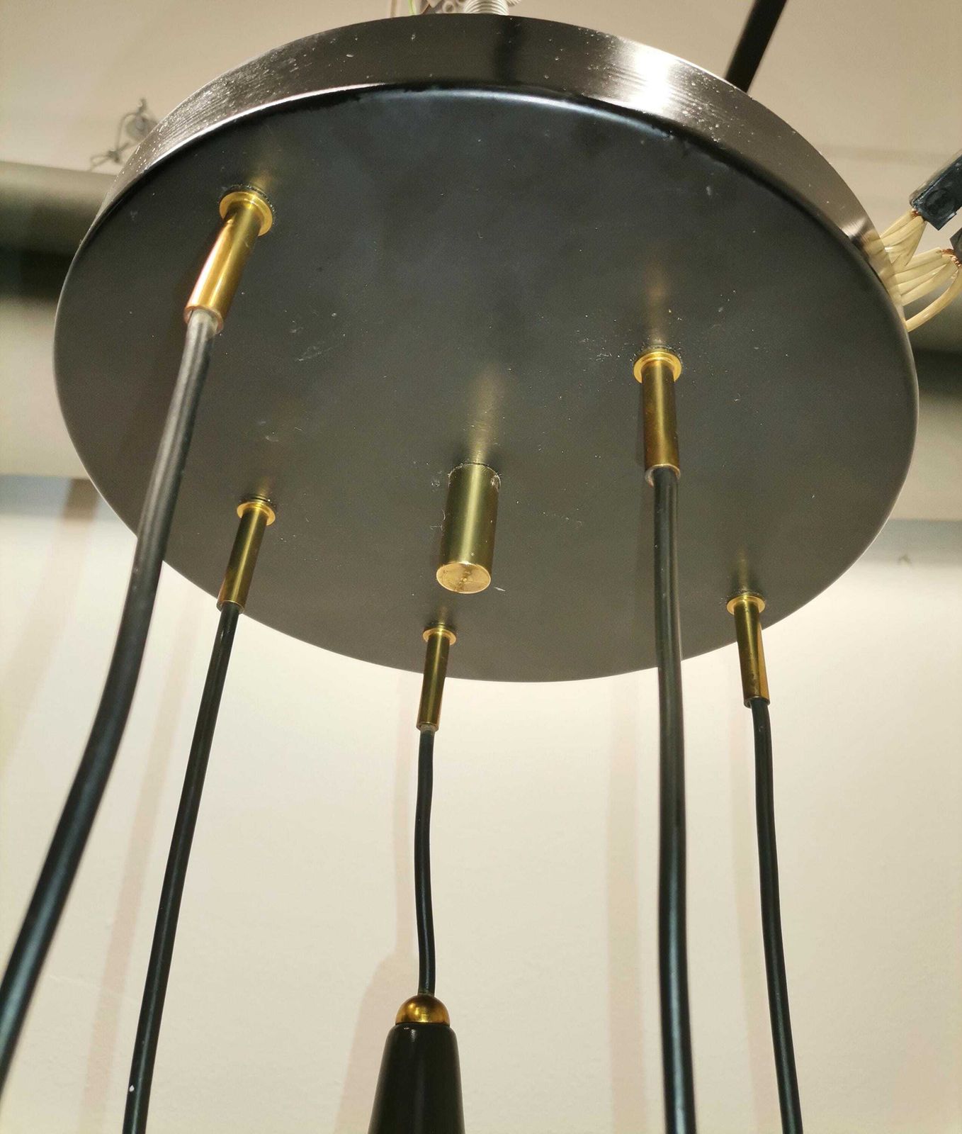 Vintage 5 Light Chandelier By Angelo Brotto For Esperia / Murano Glass, Brass & Metal Pendant Light / 60s Italy photo Lighting