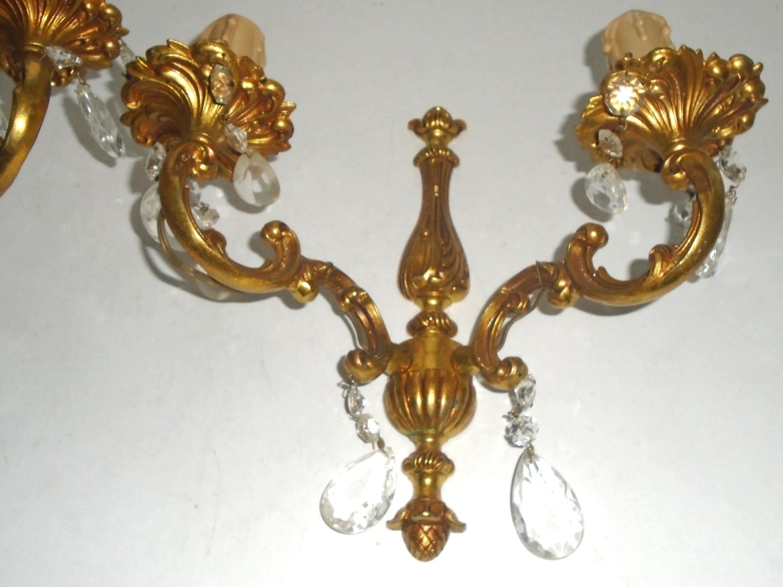 Two Antique French Double Candle Wall Sconces With Glass Crystal Drops photo for sale