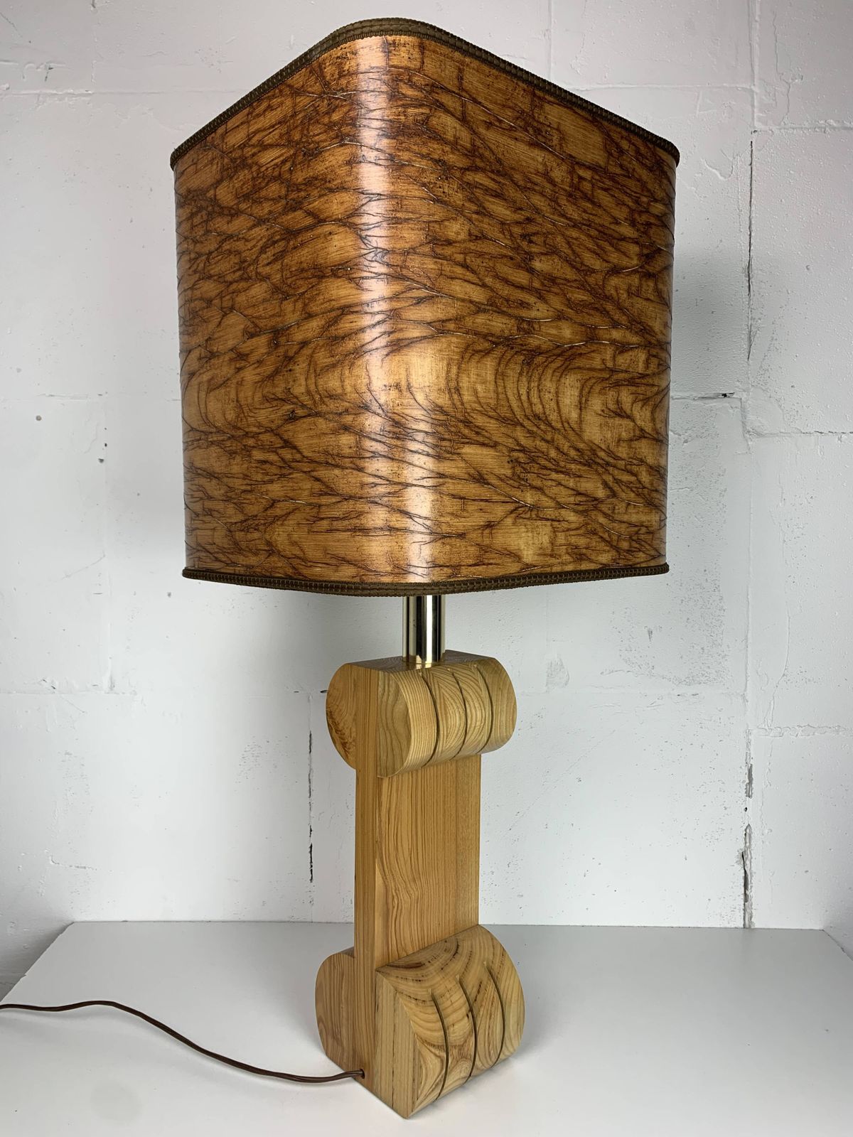 Midcentury Italian Sculptural Large Table Lamp With Wood Veneer Shade photo 926.0