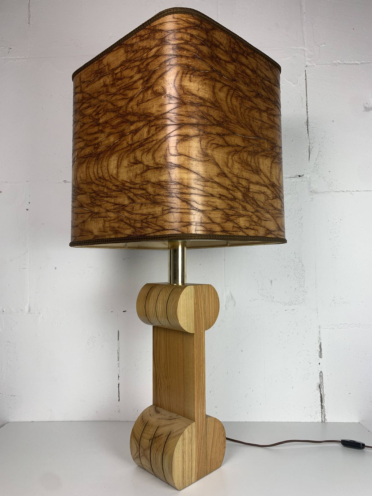 photo buy Midcentury Italian Sculptural Large Table Lamp With Wood Veneer Shade
