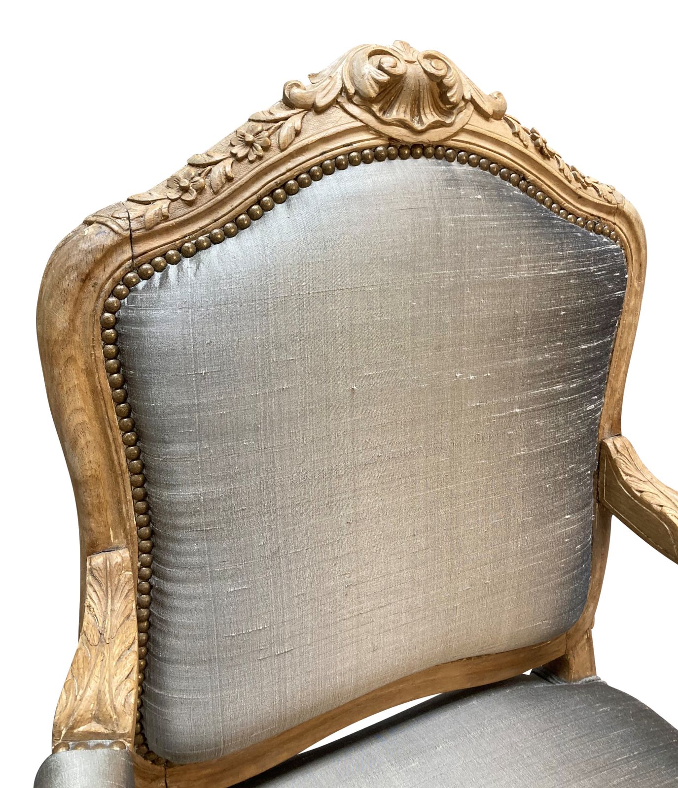 A Bleached Fruitwood Louis XV Armchair Upholstered In Silk photo for sale