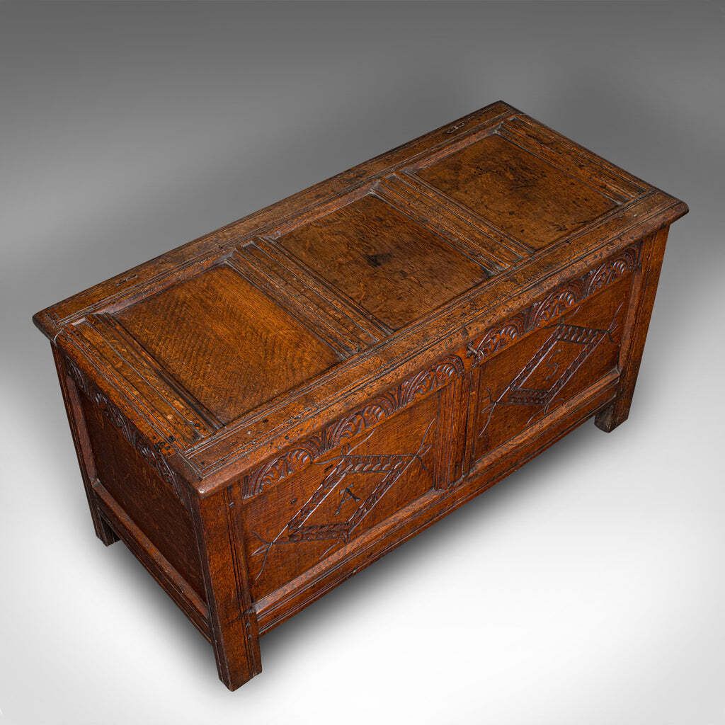 Antique Carved Coffer, English, Oak, Linen Chest, Window Seat, William III, 1700 photo buy