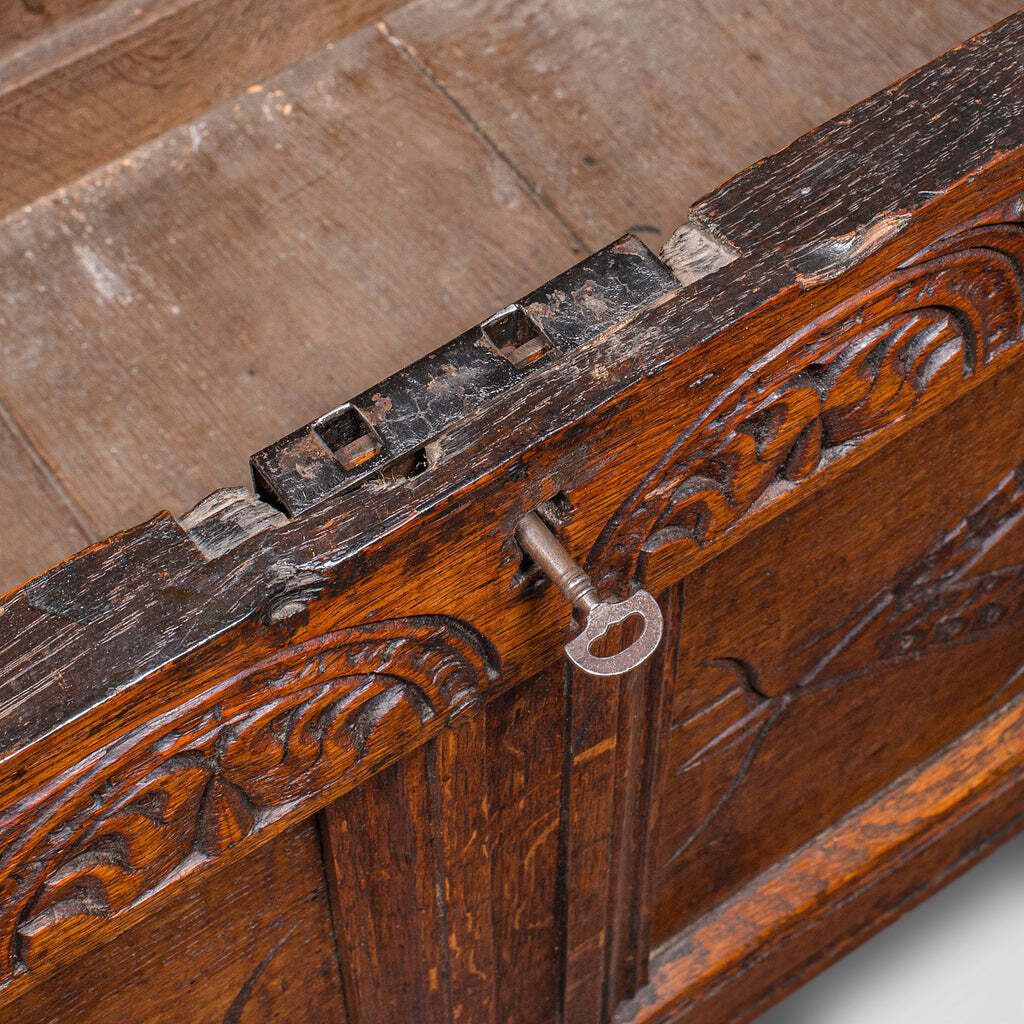 photo furniture Antique Carved Coffer, English, Oak, Linen Chest, Window Seat, William III, 1700