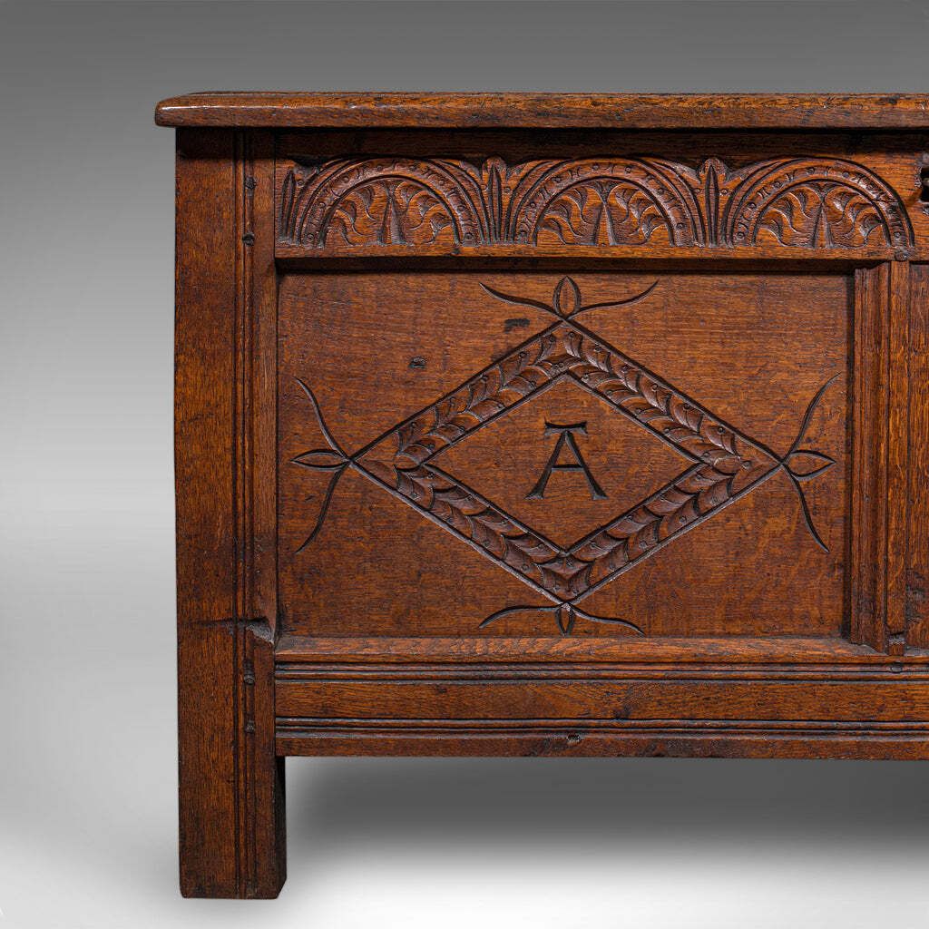 photo for sale Antique Carved Coffer, English, Oak, Linen Chest, Window Seat, William III, 1700