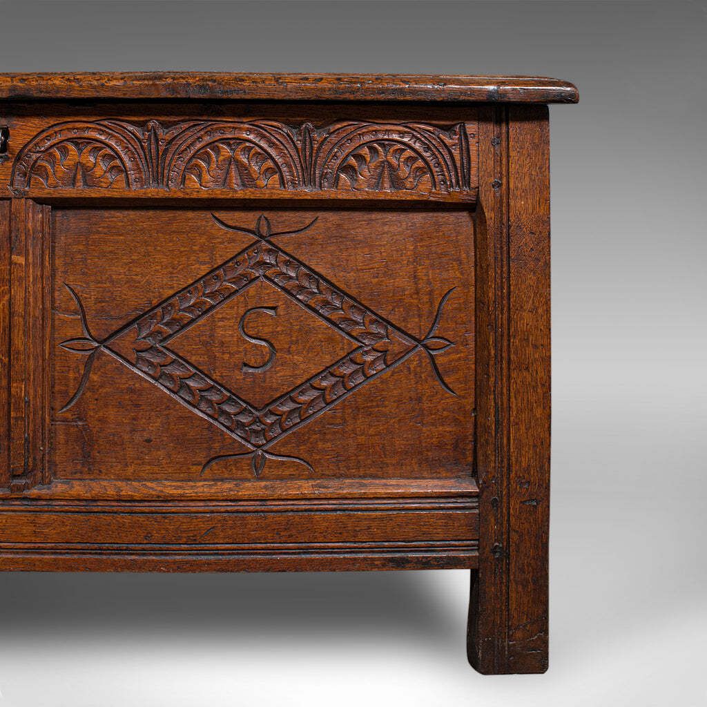 Furniture Antique Carved Coffer, English, Oak, Linen Chest, Window Seat, William III, 1700 photo
