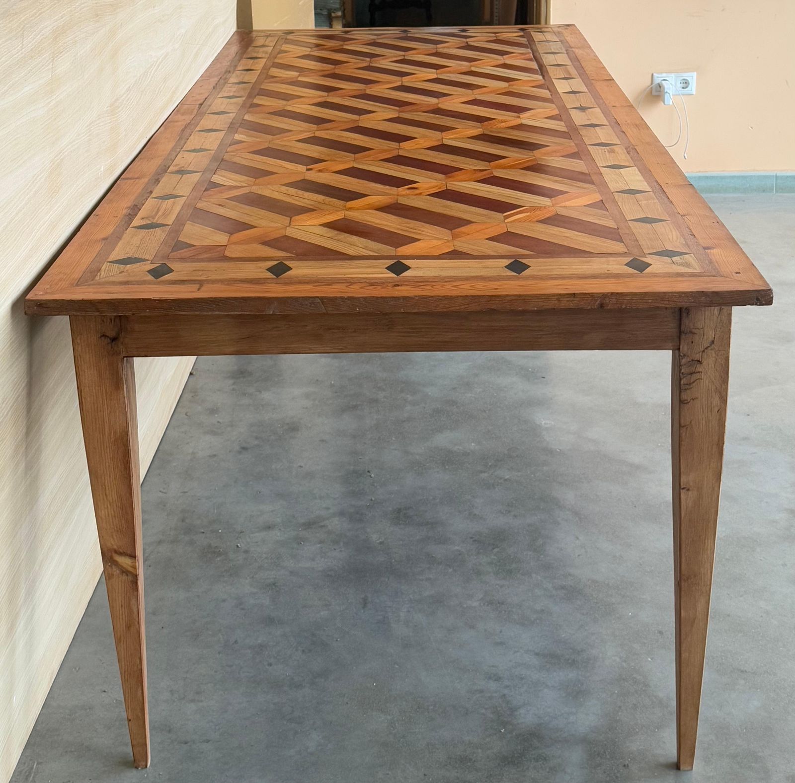 Country French Provincial Style Oak Farmhouse Dining Table With Marquetry Top photo vinterior