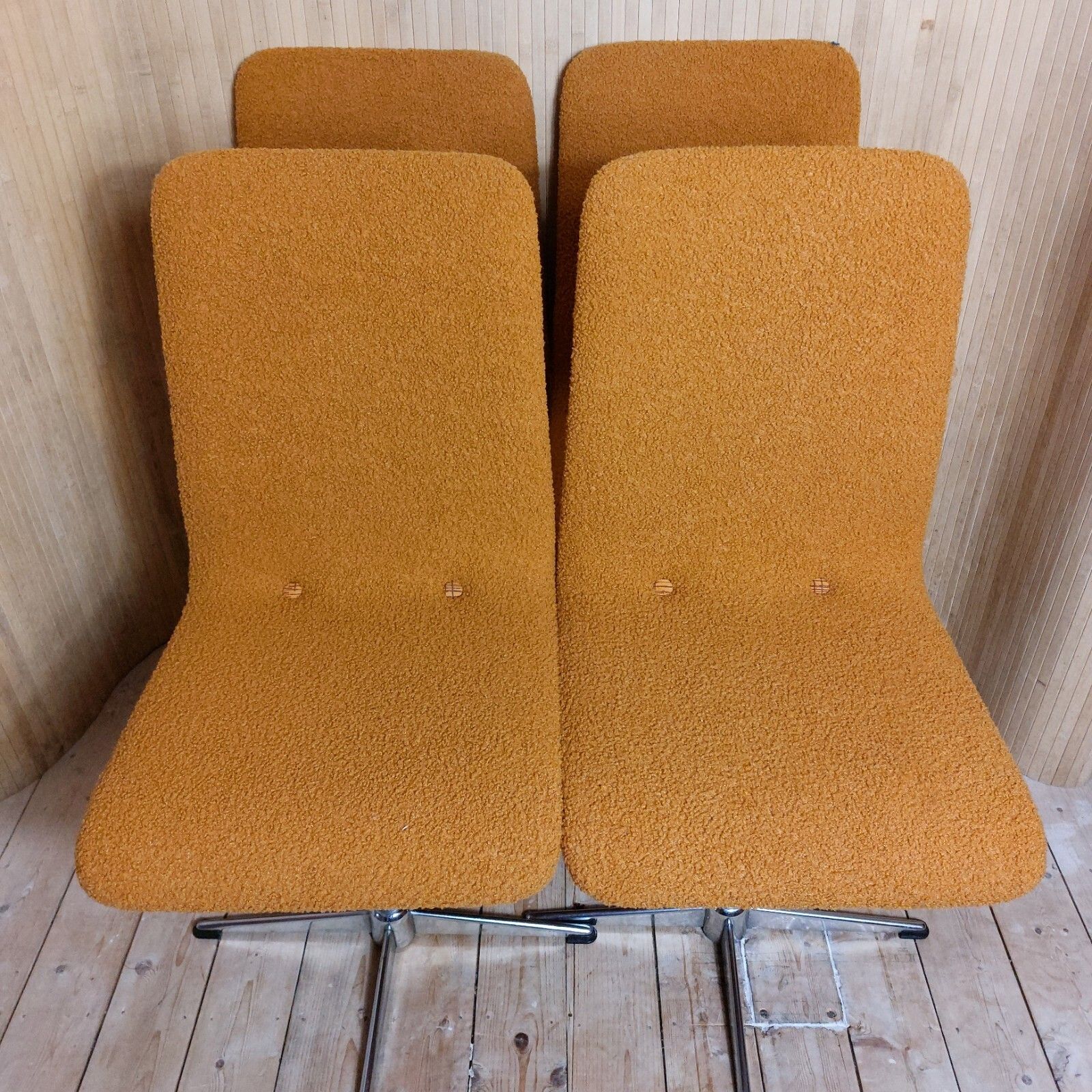 Fab Set Of 4 Vintage 1970s Swivel Chrome Dining Chairs Light Orange Micro Boucle photo furniture