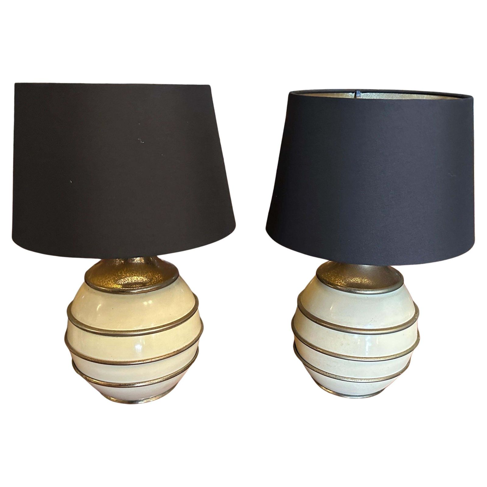 Two 1970s Mid Century Modern Brass And Ivory Lacquered Metal Italian Table Lamps