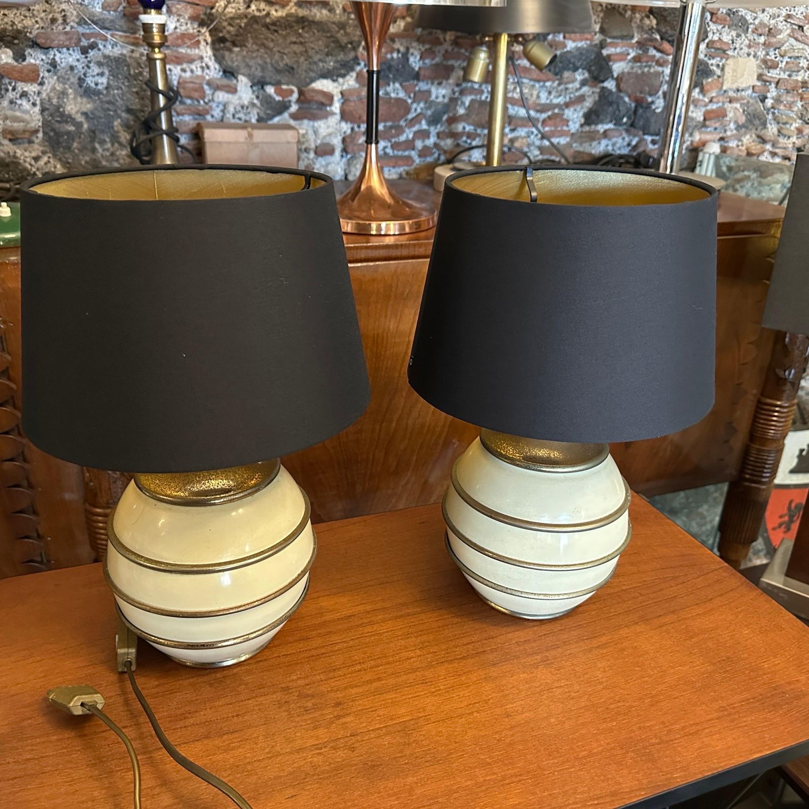 Two 1970s Mid Century Modern Brass And Ivory Lacquered Metal Italian Table Lamps photo Lighting