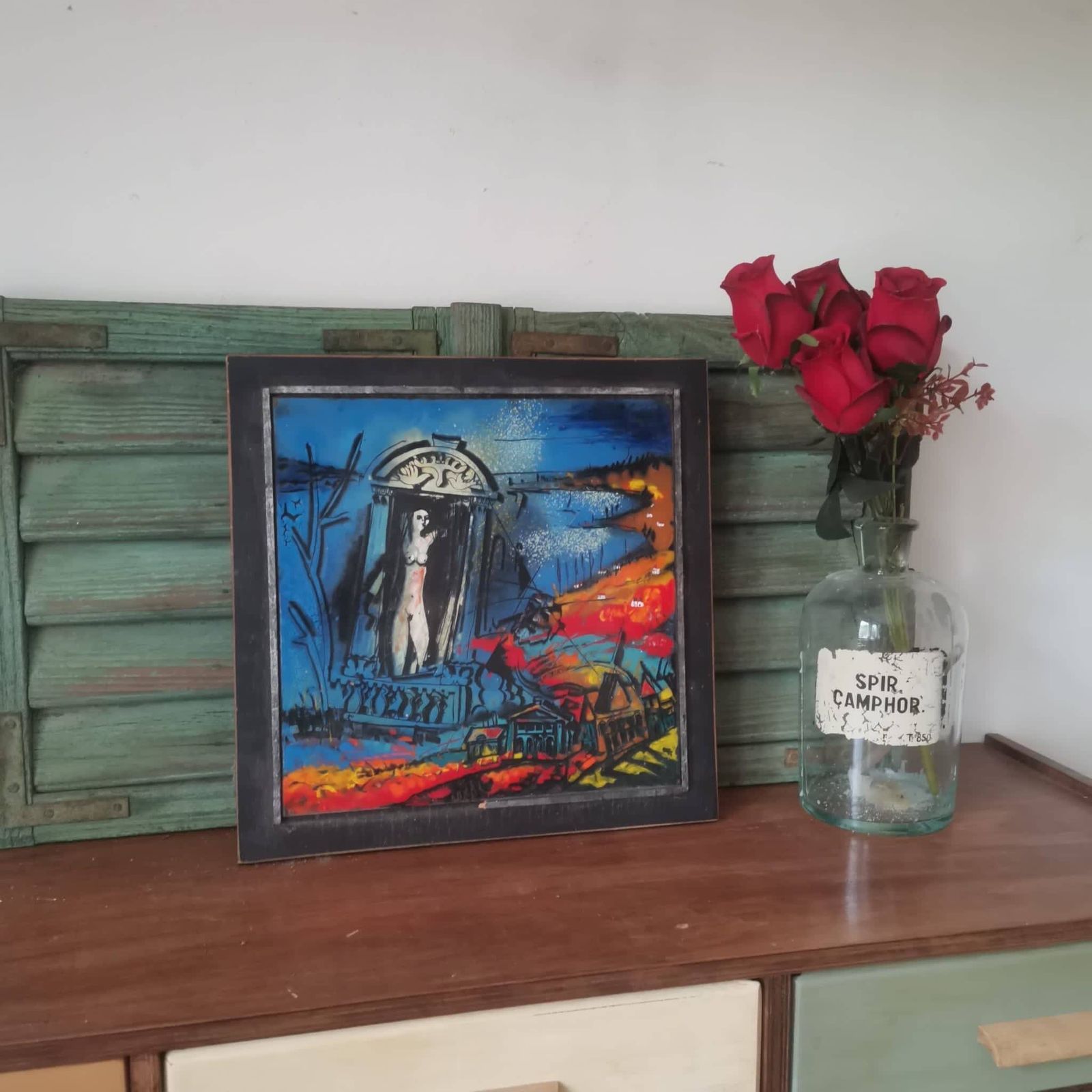 Collectible Hungarian Artist Cs Uhrin Tibor Painting On Tile: Bold, Figurative, In Vivid Oranges And Blues   Stunning Artwork