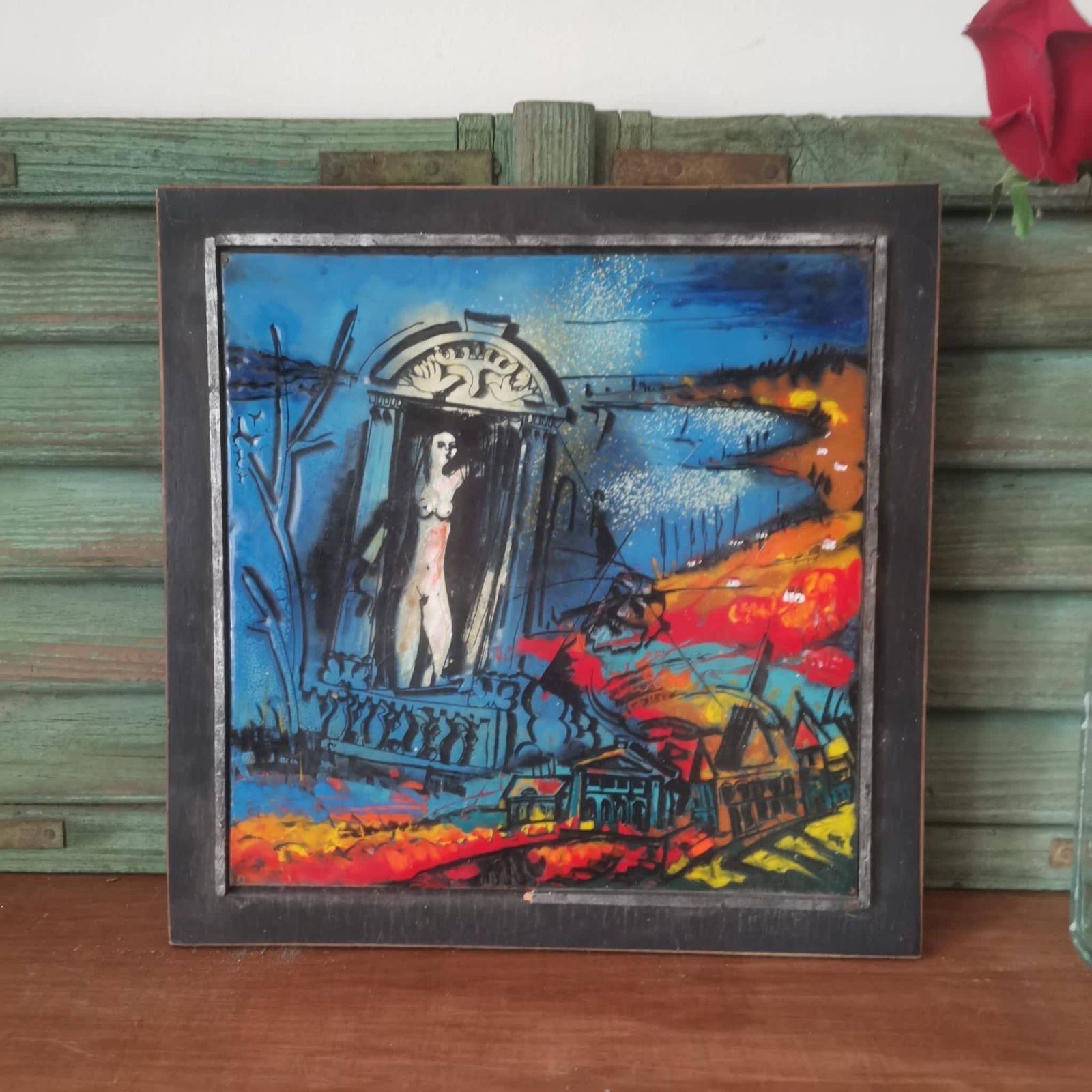 Collectible Hungarian Artist Cs Uhrin Tibor Painting On Tile: Bold, Figurative, In Vivid Oranges And Blues   Stunning Artwork photo 136.0