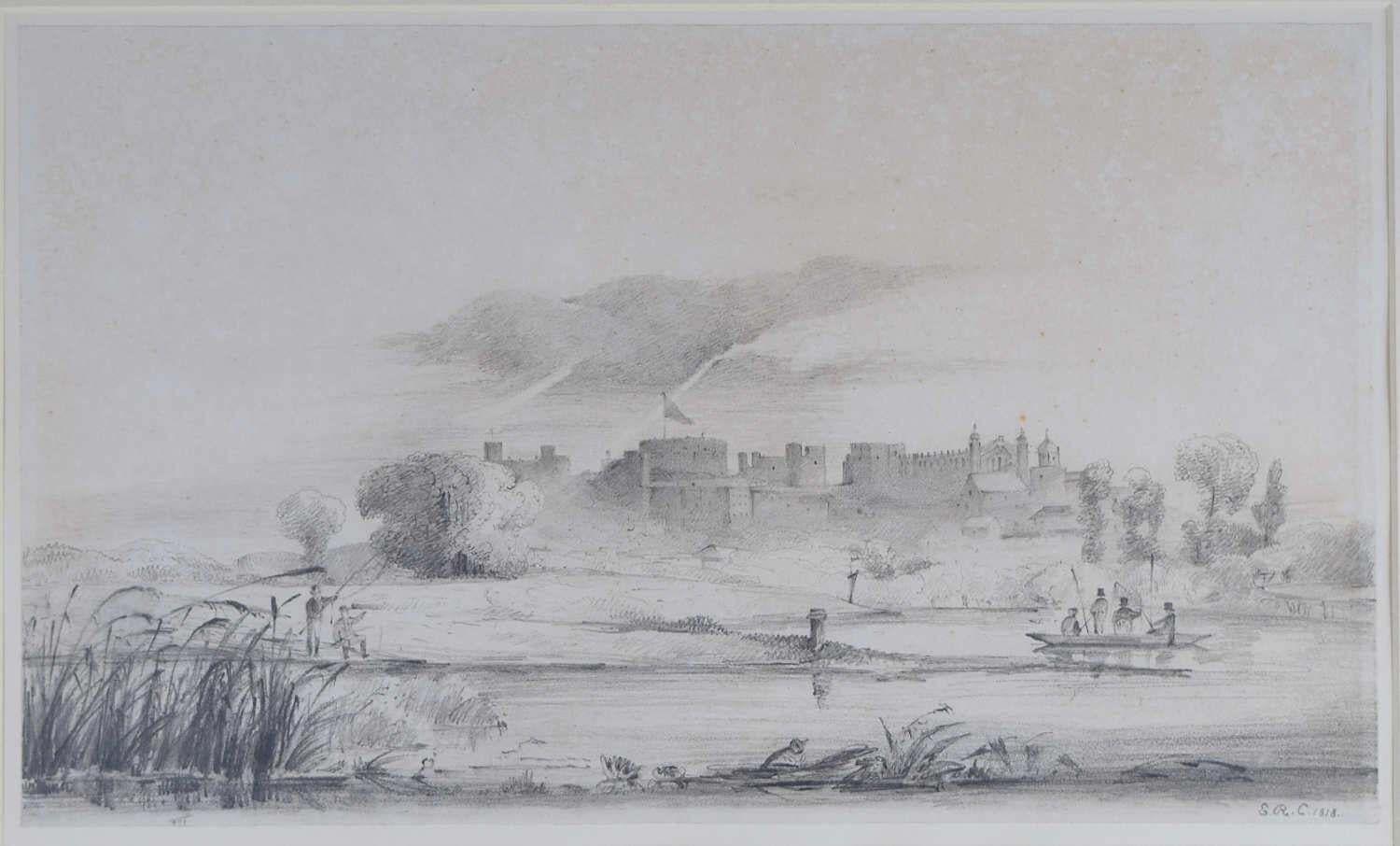 Windsor Castle And Eton College With Punting Scholars, 19th Century Drawing By S.R.E
