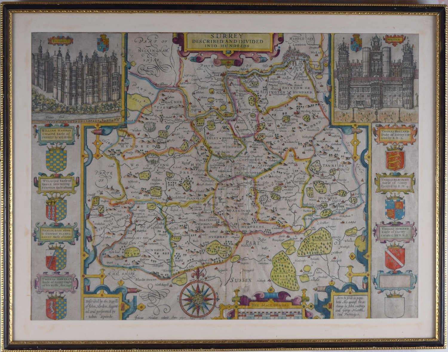 Map Of The County Of Surrey, Described And Divided Into Hundreds, Engraving By John Speede