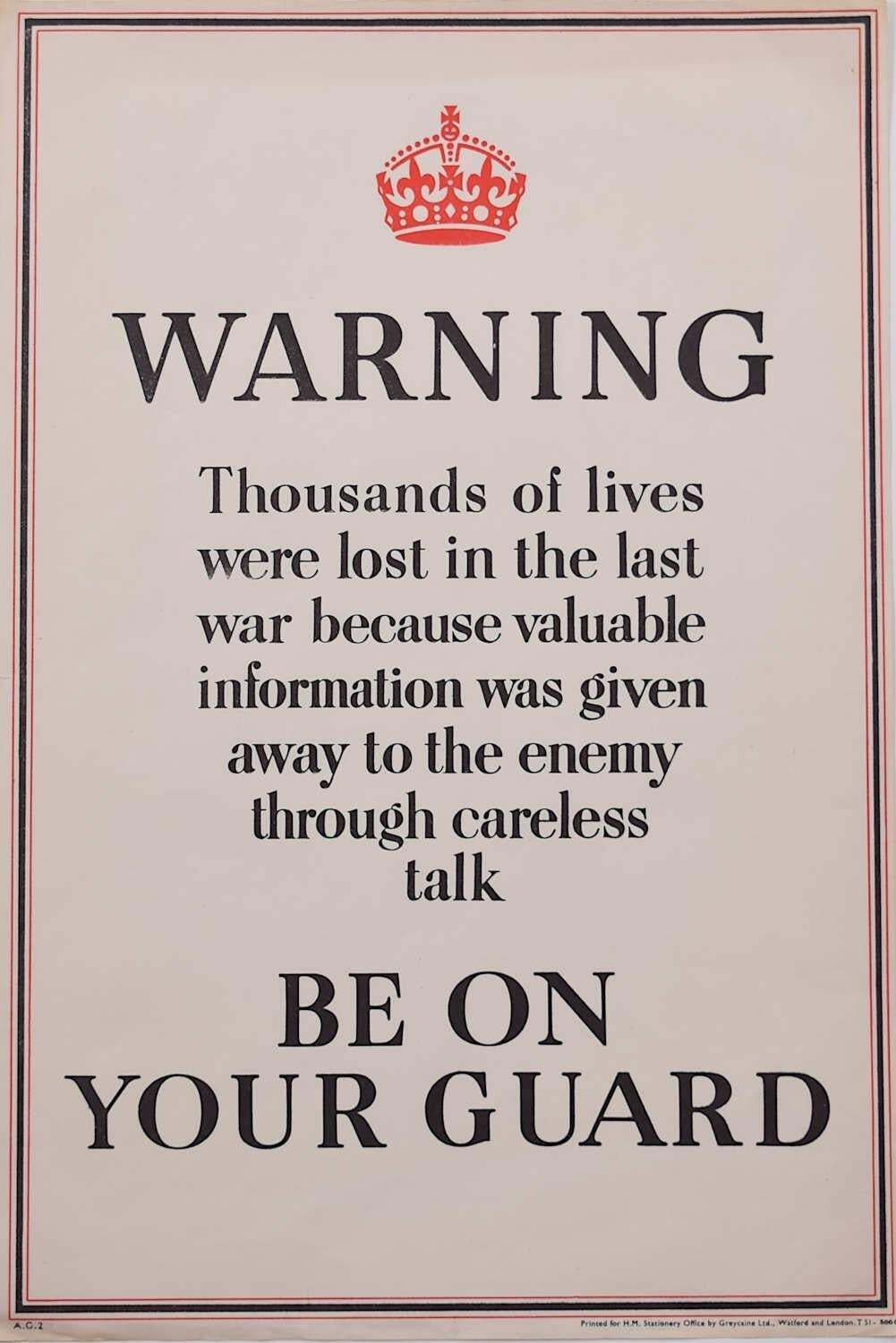 Warning, Be On Your Guard, Original Vintage Second World War Poster
