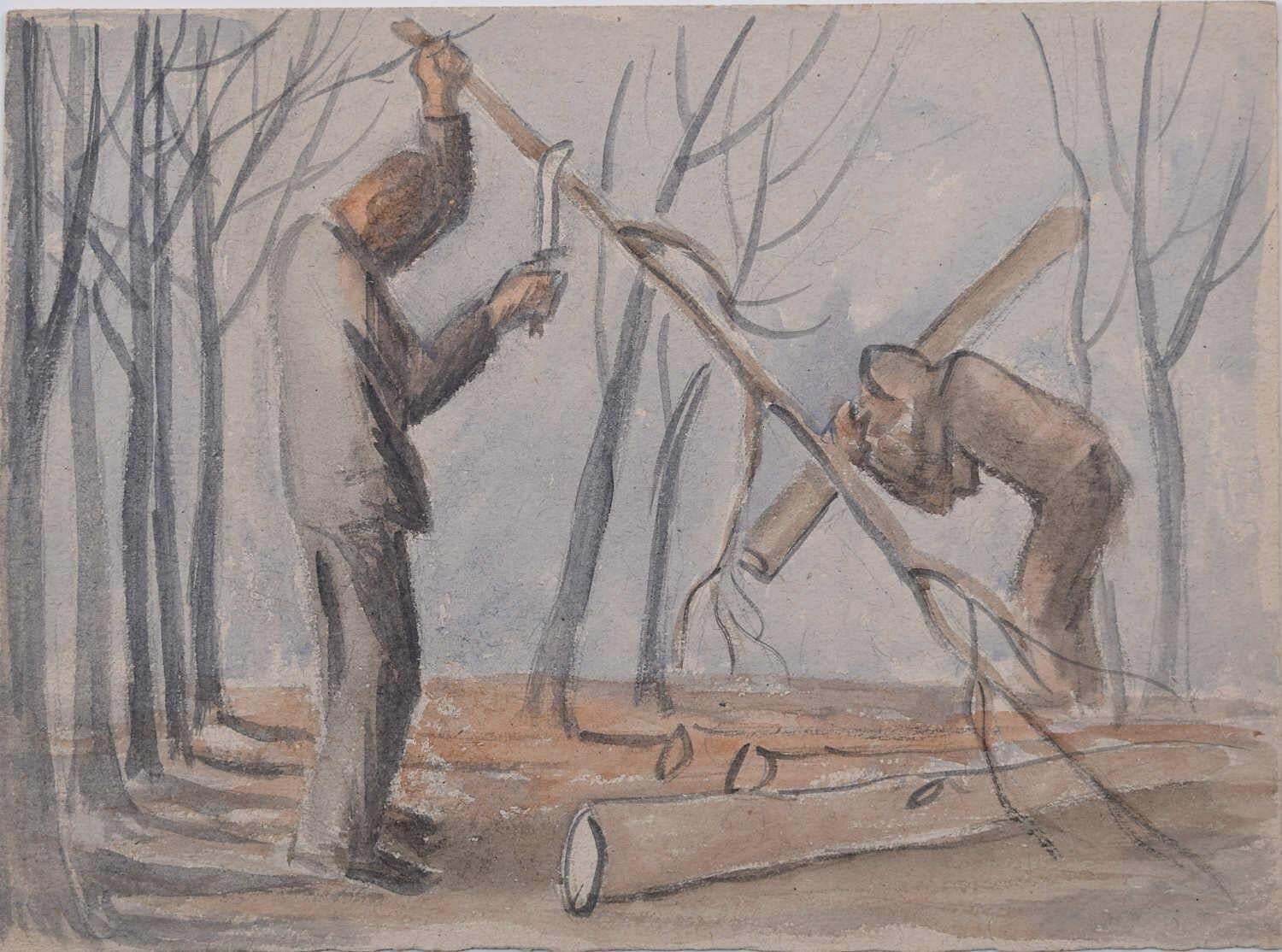Two Woodcutters,  Watercolour By George Bissill