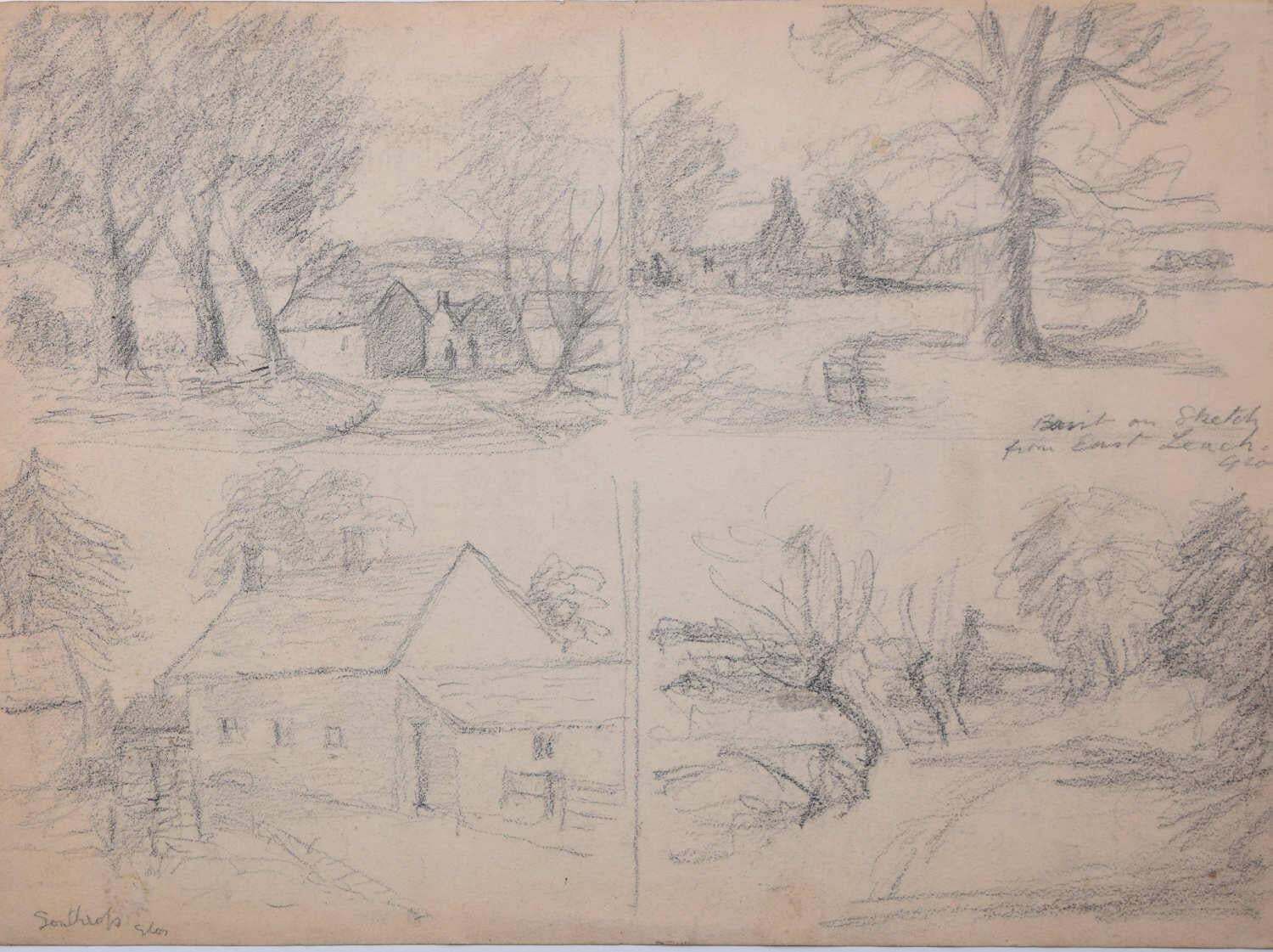 Four Gloucestershire Cottages, Pencil Sketch By George Bissill