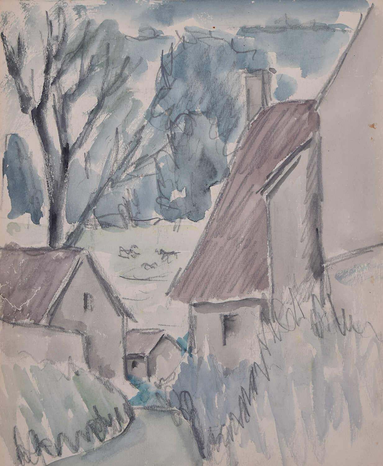 View Through The Village, Watercolour By George Bissill