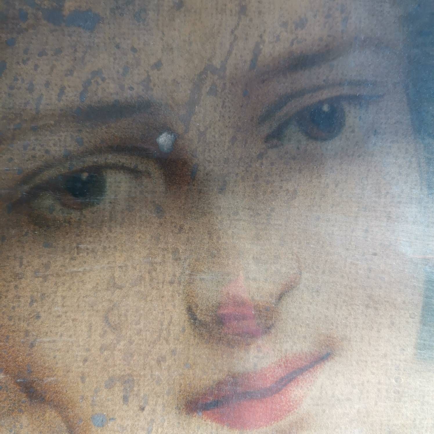 Painted Print, Vintage Portrait Of A Pretty Lady With A Dog. Hand Mounted On Canvas. Very Old And Distressed. From A Painting. photo 55.0
