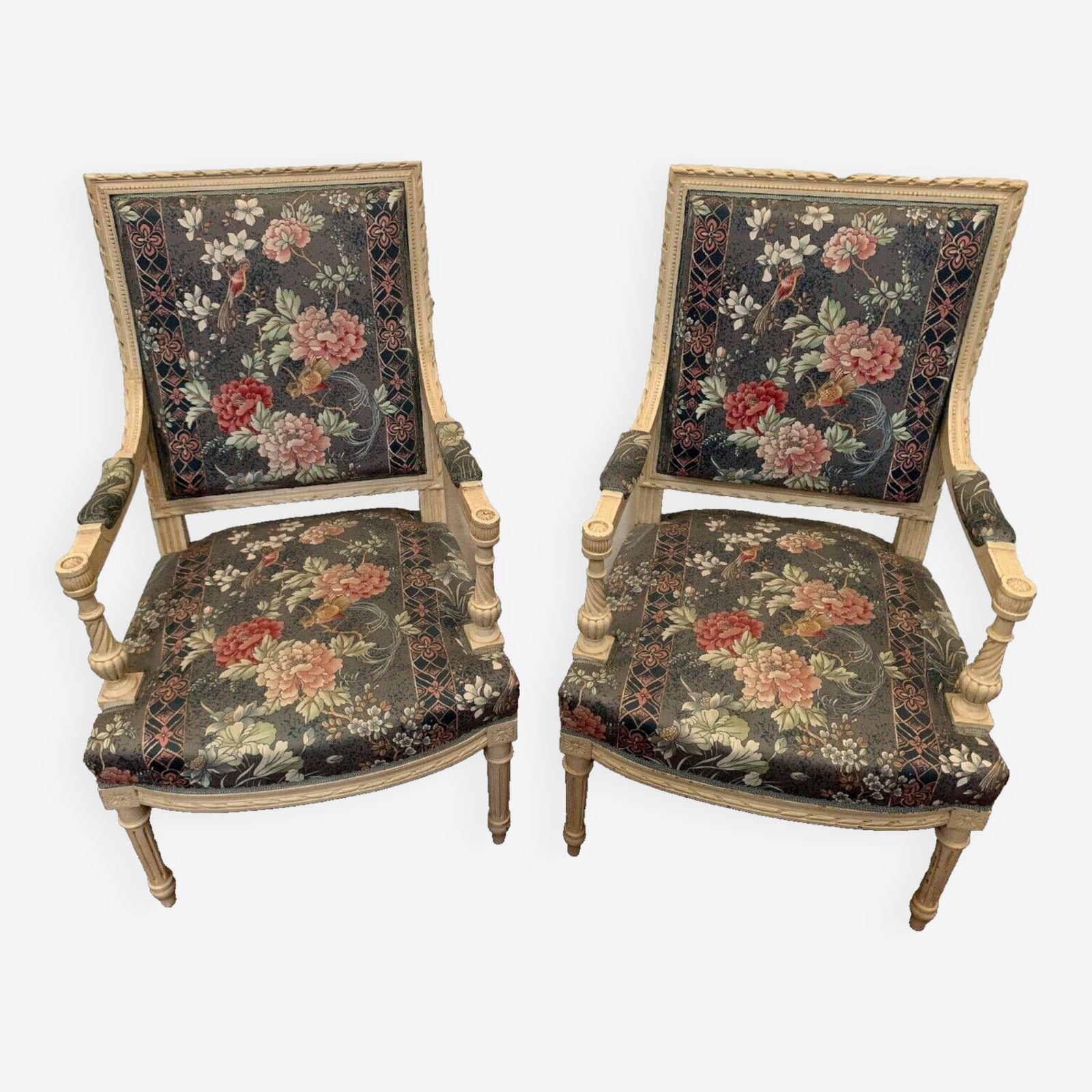 Pair Of Louis XVI Style Armchairs In White Lacquered Beech