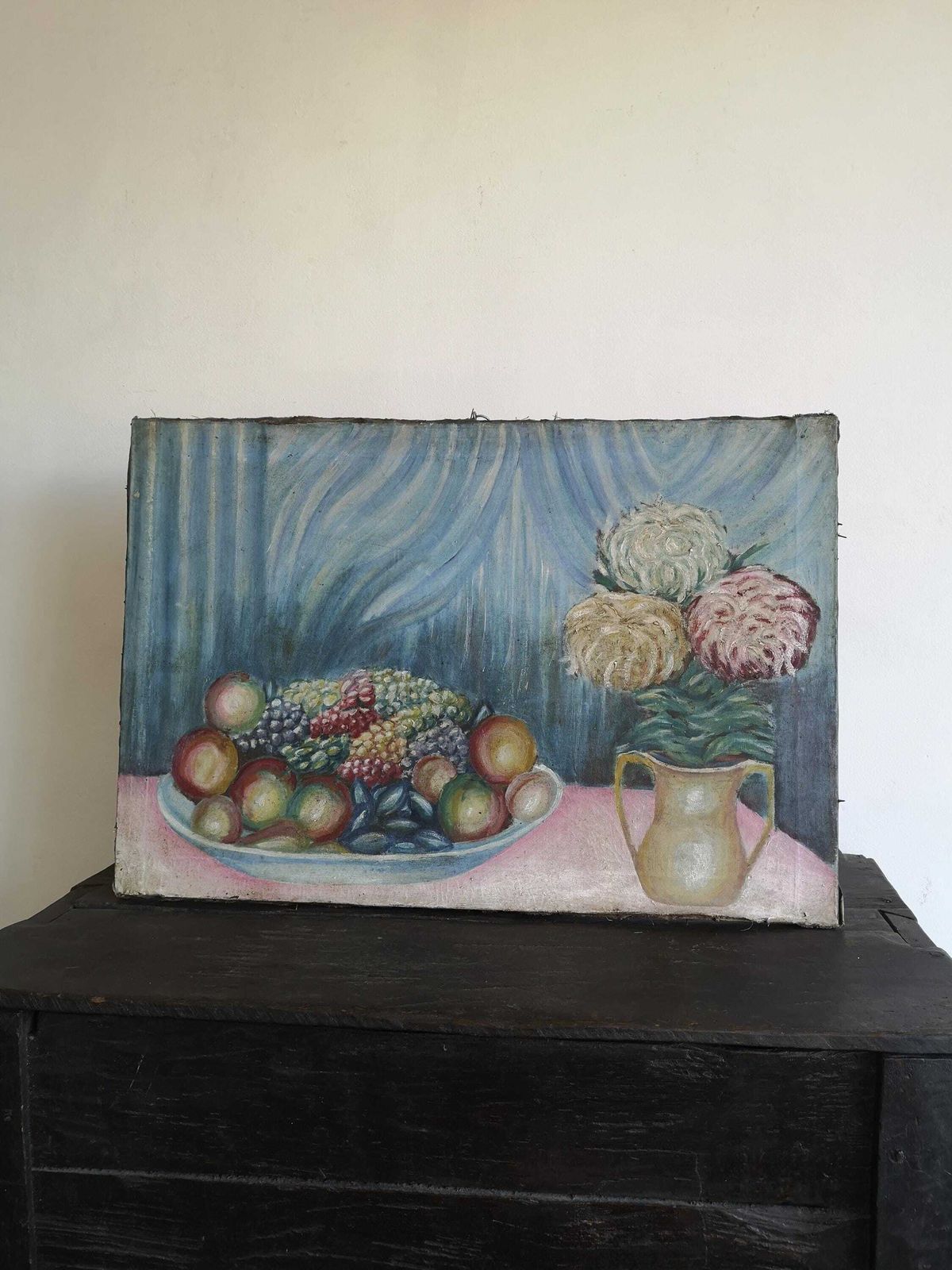 Large Oil Painting A Delightful Piece. Great Arrangement Of Flowers And Fruit Bowl On Canvas Still Life C1950s Hungarian Rustic Decor Muted