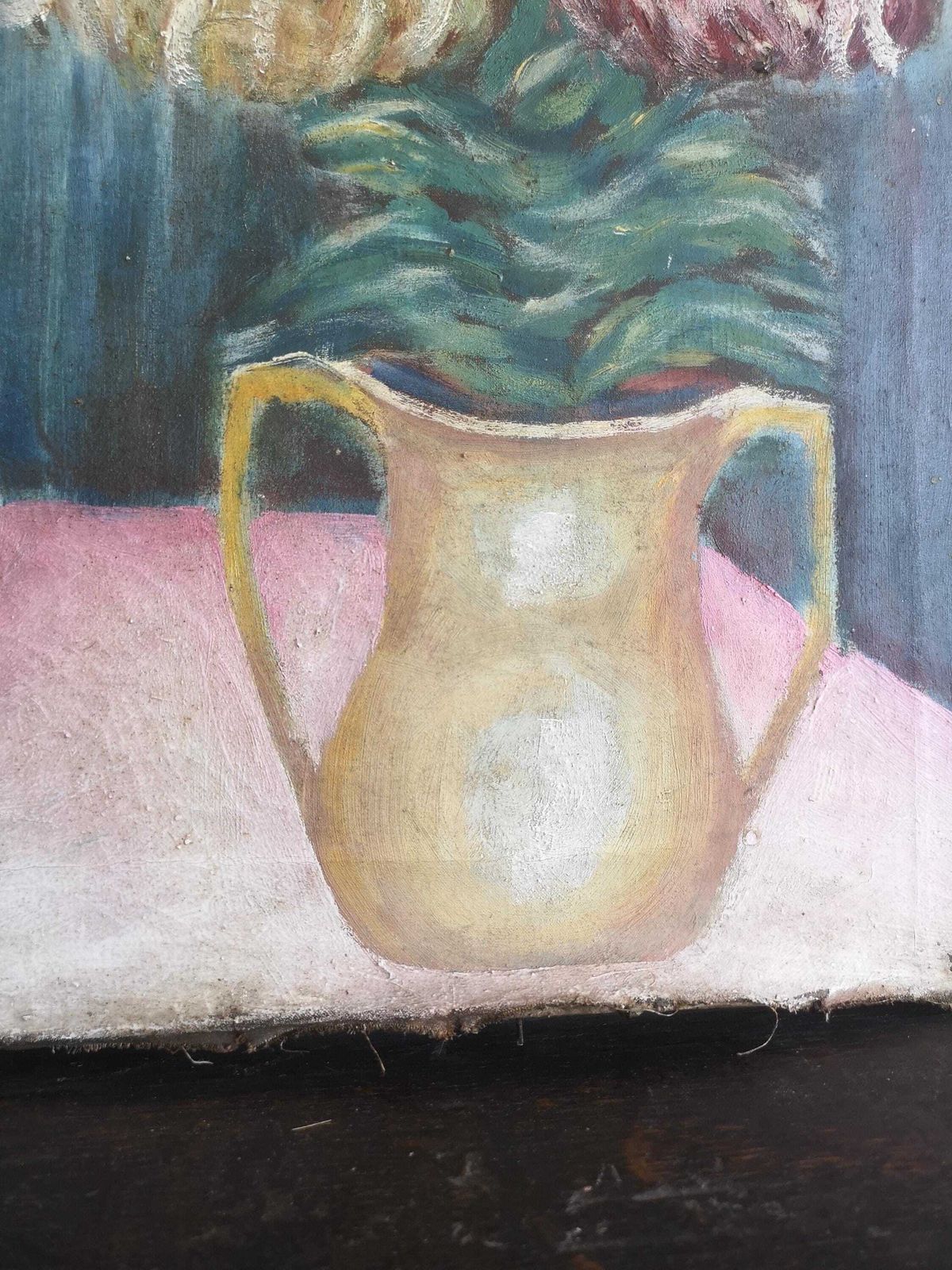 Large Oil Painting A Delightful Piece. Great Arrangement Of Flowers And Fruit Bowl On Canvas Still Life C1950s Hungarian Rustic Decor Muted photo Art