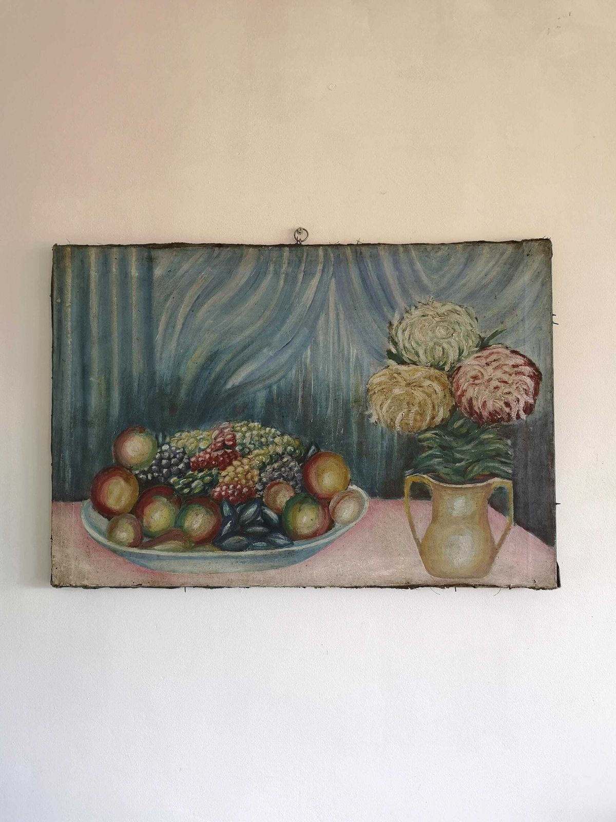 Large Oil Painting A Delightful Piece. Great Arrangement Of Flowers And Fruit Bowl On Canvas Still Life C1950s Hungarian Rustic Decor Muted photo vintage