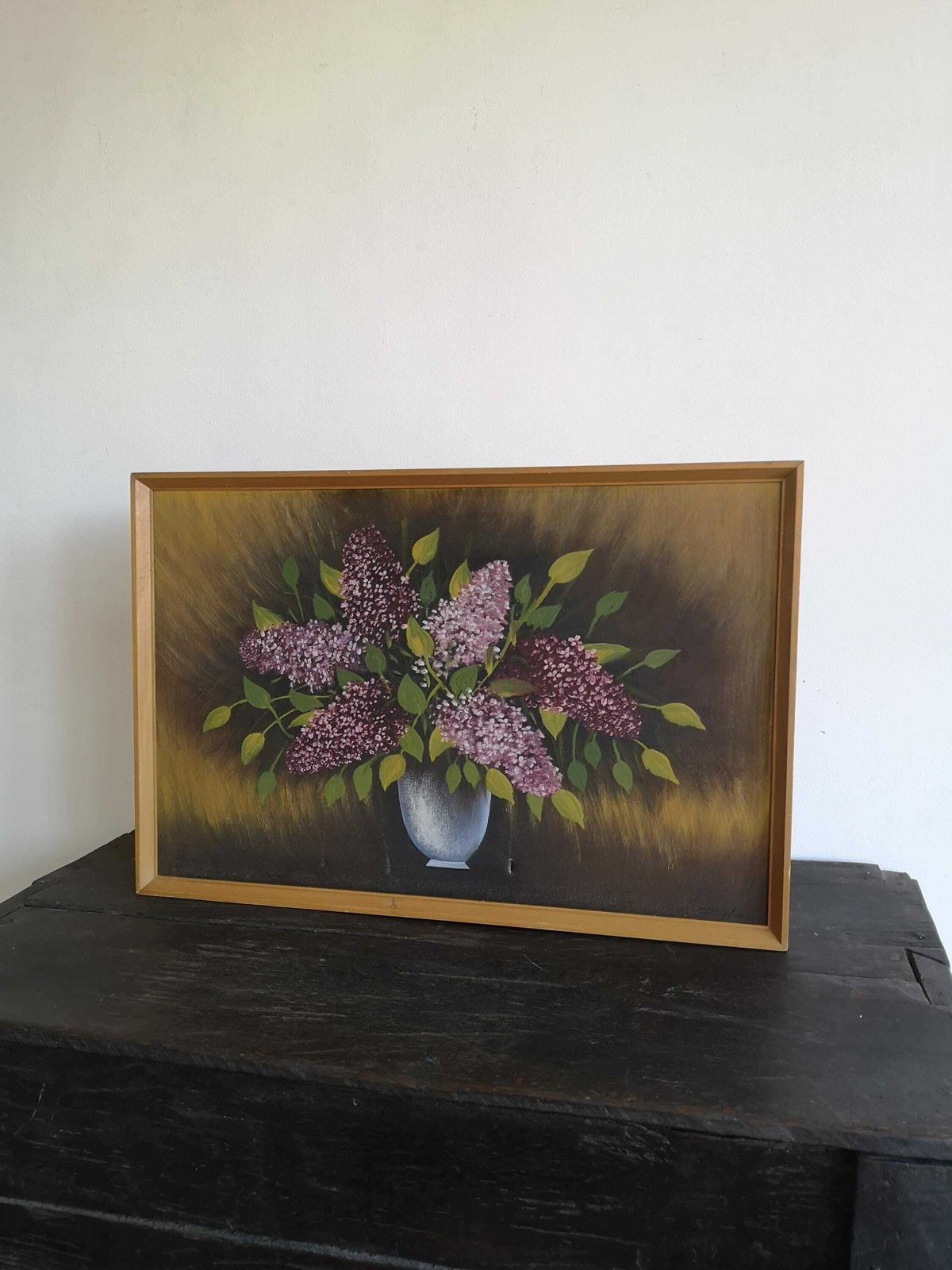 Painting Beautiful Soft Art Of Violet Flowers In Vase Signed Acrylic On Canvas 1950. Neat Rustic Wooden Frame photo furniture