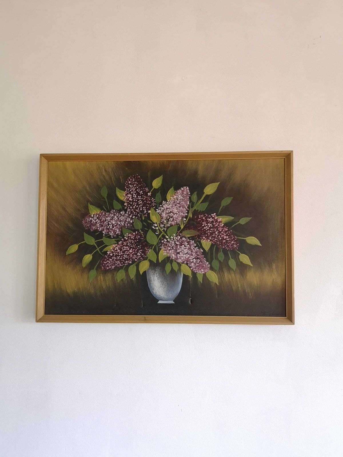 Painting Beautiful Soft Art Of Violet Flowers In Vase Signed Acrylic On Canvas 1950. Neat Rustic Wooden Frame photo 81.0