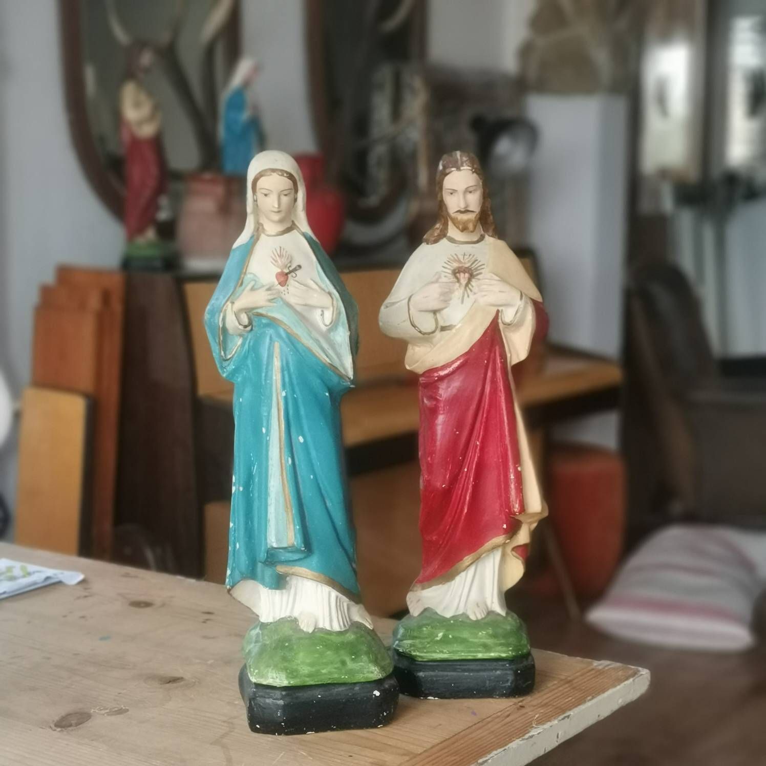 photo for sale Jesus Christ And Mary Statue, Classic Religious Art Christian Religious, Vintage Decor, Hand Made & Painted, Statue Large