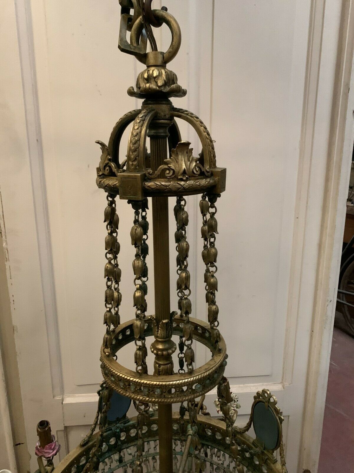 Louis XVI Style Chandelier In Bronze And Crystal Pendants XIX Century photo vintage