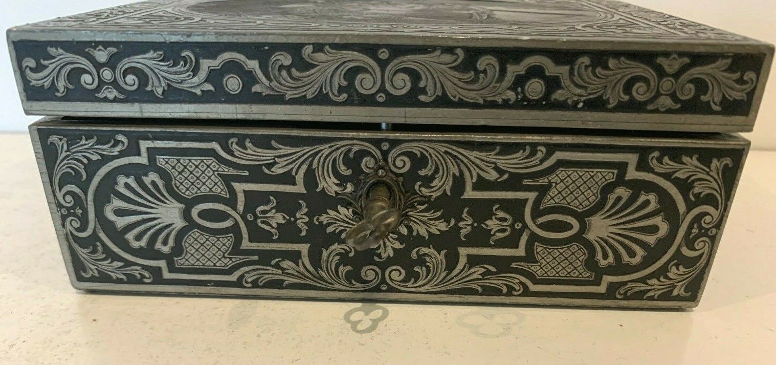 19th Century Engraved Pewter Jewelry Box photo Home Decor