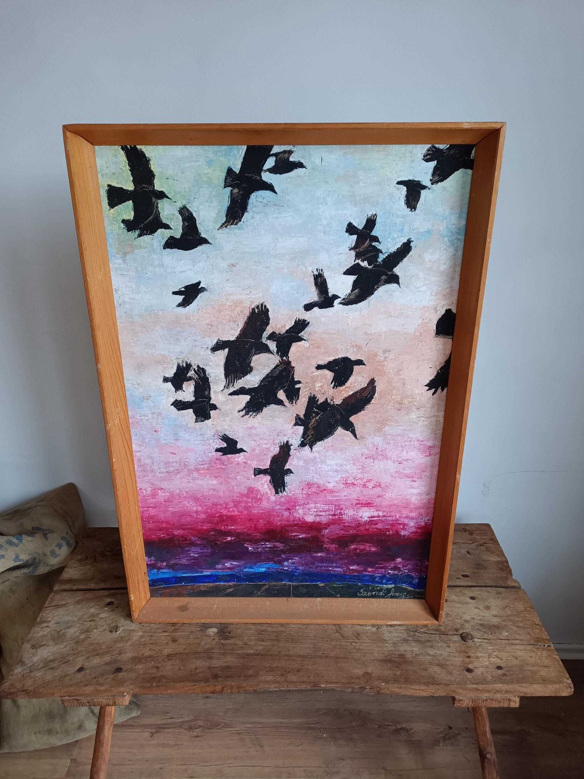Vintage Hungarian Black Birds Painting   Ravens, Crows, Bold & Bright 1980s Oil On Board, Framed, Signed, Large Unique Accent Art