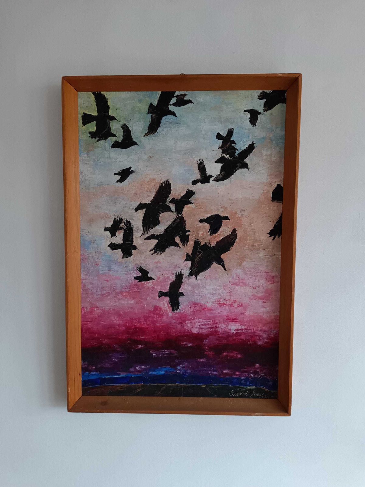 Vintage Hungarian Black Birds Painting   Ravens, Crows, Bold & Bright 1980s Oil On Board, Framed, Signed, Large Unique Accent Art photo 158.0
