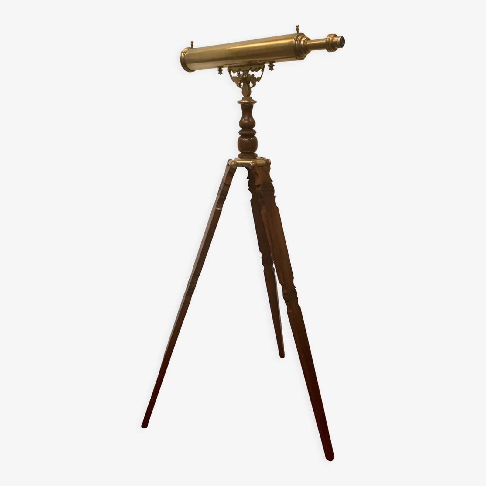 Telescope In Brass And Support Foot In Mahogany XX Century