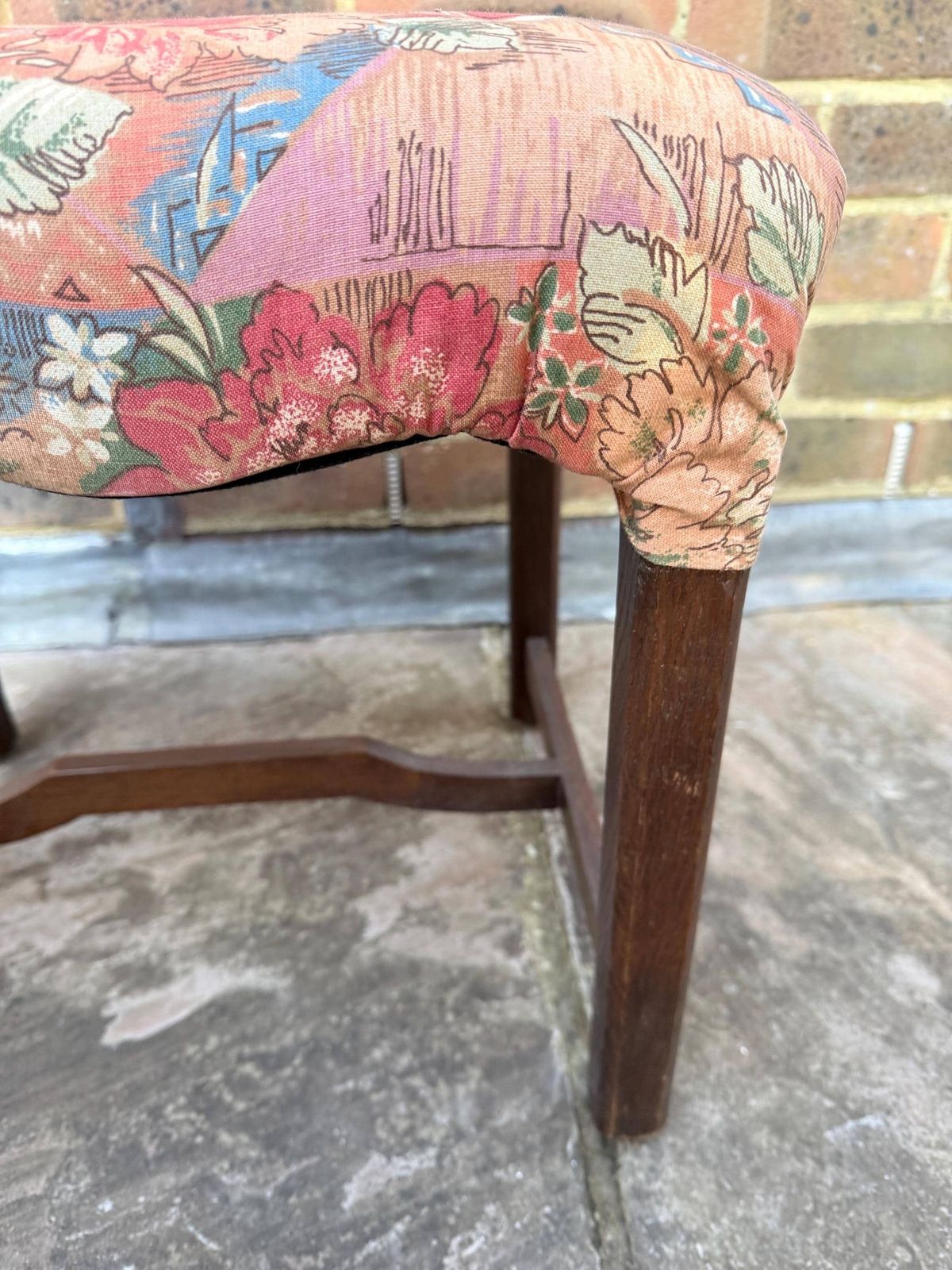 Mid Century Wooden Stool With A 1980s Fabric Seat, Retro Stool, 1950s Stool, Wooden Stool, Wood Stool, Upholstered Stool photo for sale
