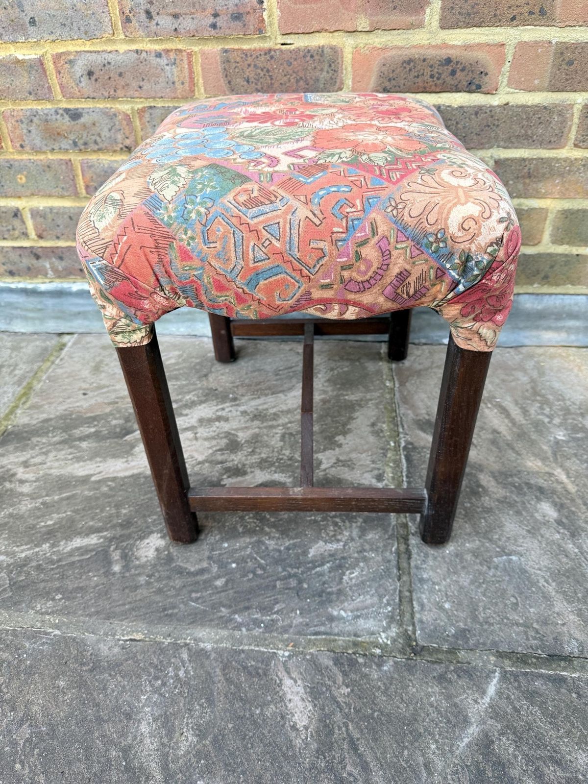 Mid Century Wooden Stool With A 1980s Fabric Seat, Retro Stool, 1950s Stool, Wooden Stool, Wood Stool, Upholstered Stool photo buy