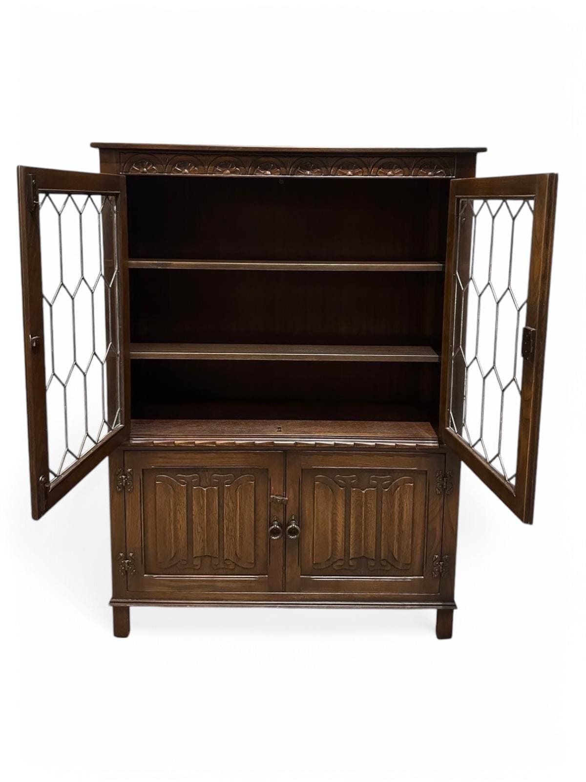 Vintage Glazed Bookcase And Cabinet By Jaycee Furniture / Dark Brown / Made In England / Dated 1970s photo vinterior