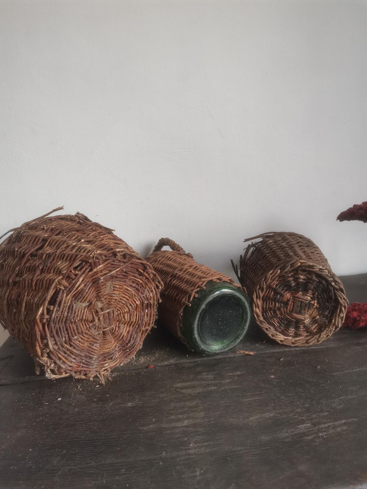 Set Of 3 Weaved Wicker Wine Bottles Demijohn Antique Primitive, Hand Made. Decorative Rustic 100 Yrs Old Garden Decor Hand Blown Glass photo vinterior