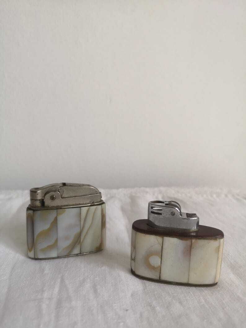 Retro Set Of 2 Oil Lighters C 1960 Mother Of Pearl Casing, Complete And Functional. Beautiful Brass With Quality Fittings A Collectors Item photo furniture