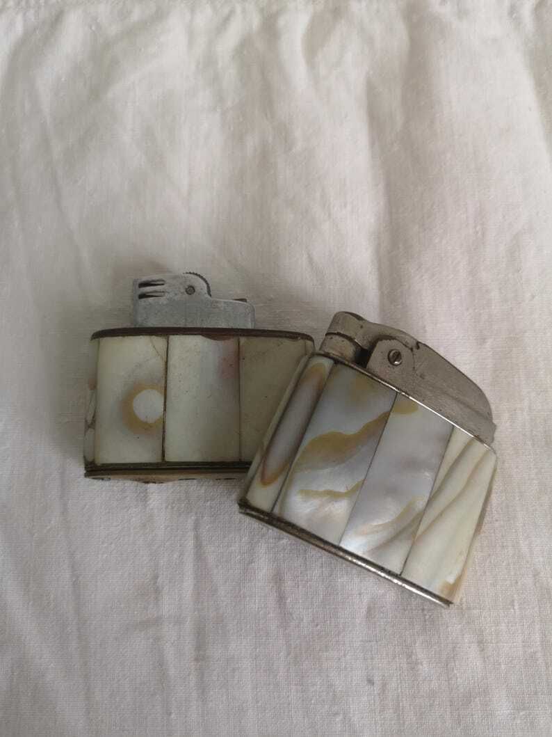 Retro Set Of 2 Oil Lighters C 1960 Mother Of Pearl Casing, Complete And Functional. Beautiful Brass With Quality Fittings A Collectors Item photo for sale