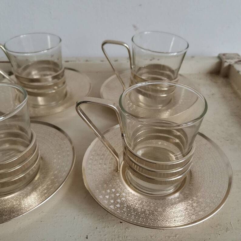 Unique Set Of 6 Glasses With Swirly Steel Base Coffee Tea Cups Russian Made Ussr Chrome Mid Century Vintage Unique Style Gold/Silver photo 53.0