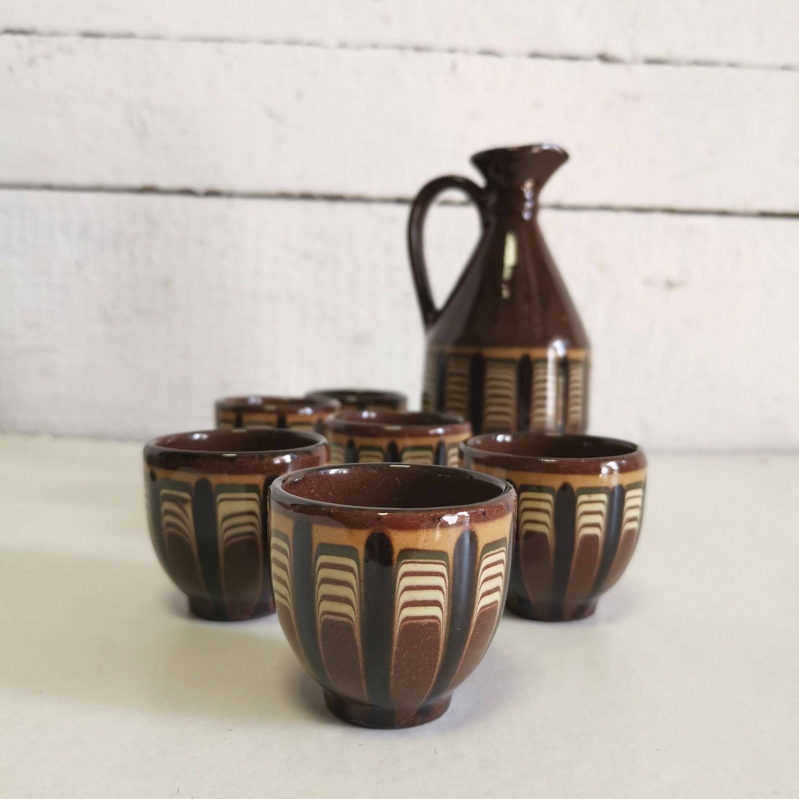 Brown Jug And 6 Cup Set Bulgarian Folk Art Design Hand Made Ceramics Drinking Rakia, Shot Glass, Water Pitcher Traditional Design